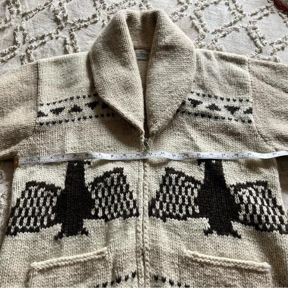 Rare 100% Wool Cardigan Eagle Ski Zip-up Sweater Oversized Cream Brown Unisex - Picture 9 of 9